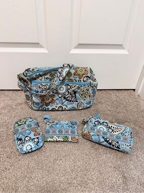 Vera Bradley Mocha Blue Quilted Cotton Purse Handbag Cosmetic Bag Pouch Lot of 4